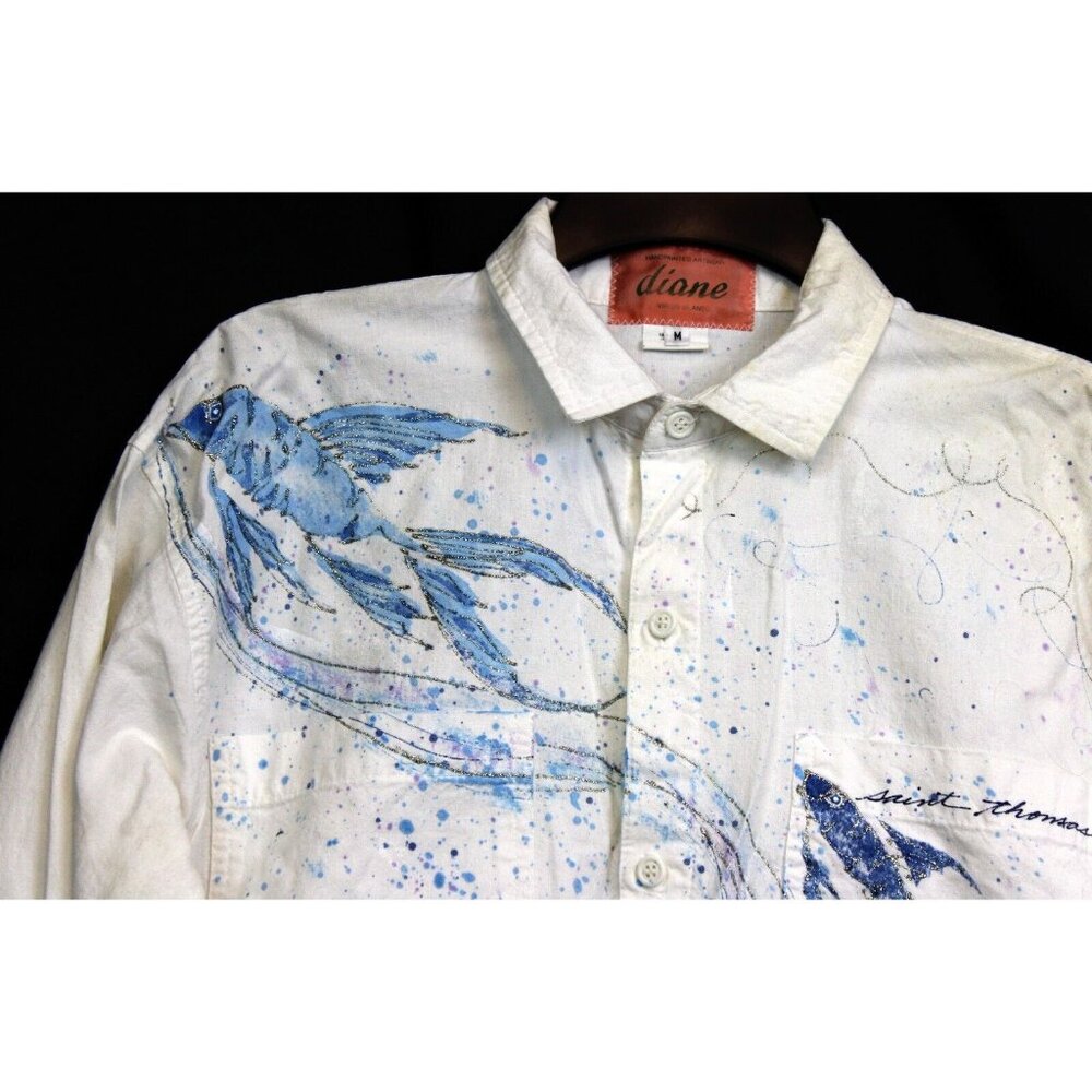 90s Diane St Thomas Hand Painted Shirt Koi Fish Silver Sparkle Splatter Paint - Picture 3 of 14